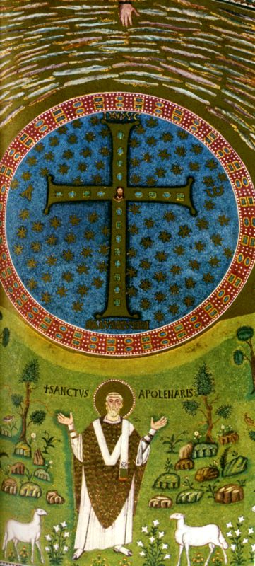 Святой Апполинарий -добрый пастырь. Мозаика 6 века. Равенна. базилика Сант-апполинаре ин классе. 